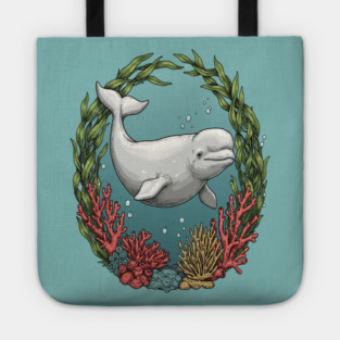 Beluga Whale Coral Reef Vintage Ocean Art Tote