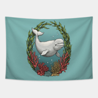 Beluga Whale Coral Reef Vintage Ocean Art Tapestry