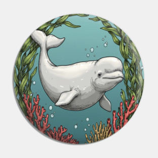 Beluga Whale Coral Reef Vintage Ocean Art Pin