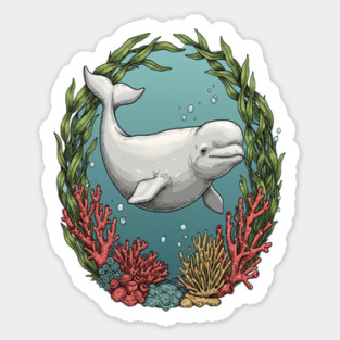Beluga Whale Coral Reef Vintage Ocean Art Sticker