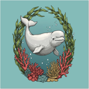 Beluga Whale Coral Reef Vintage Ocean Art Posters and Art