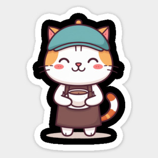 Smiling Kawaii Cat Barista Holding Coffee Sticker