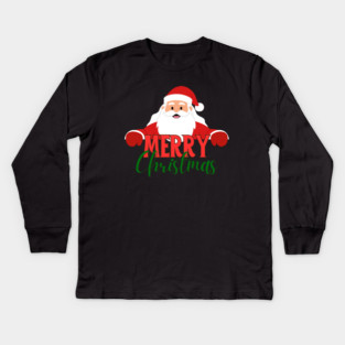 Merry Christmas Santa Peek - Cute Holiday Greeting Kids Long Sleeve T-Shirt