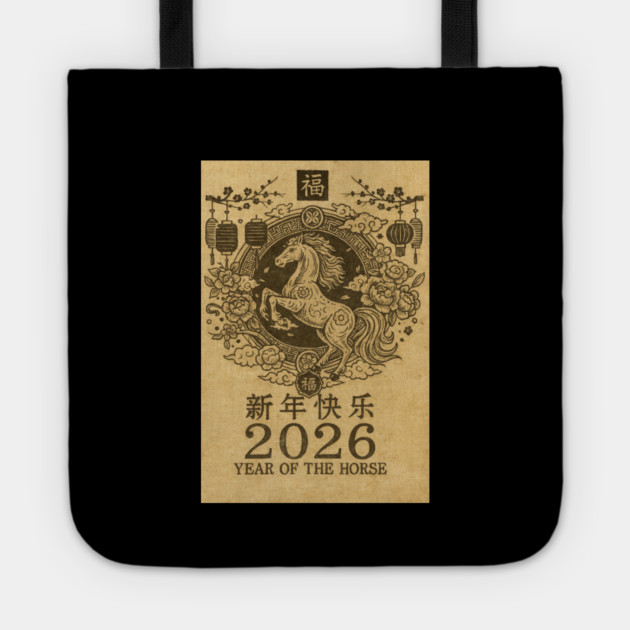 Chinese New Year 2026 Year, Horse Retro Zodiac Tote by logiamerch