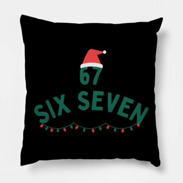 67 Six Seven Christmas Santa Hat and Christmas Lights Pillow by Creatifly Graphic Tees