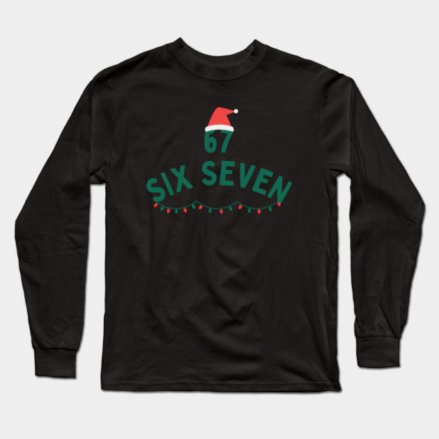 67 Six Seven Christmas Santa Hat and Christmas Lights Long Sleeve T-Shirt by Creatifly Graphic Tees