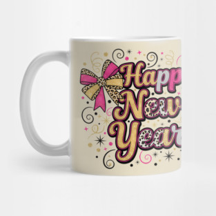 Pink Glitter Happy New Year with Leopard Bow Glam Mug
