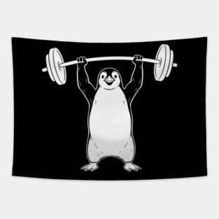Penguin Lifting Weights Gym Fitness Funny Tapestry