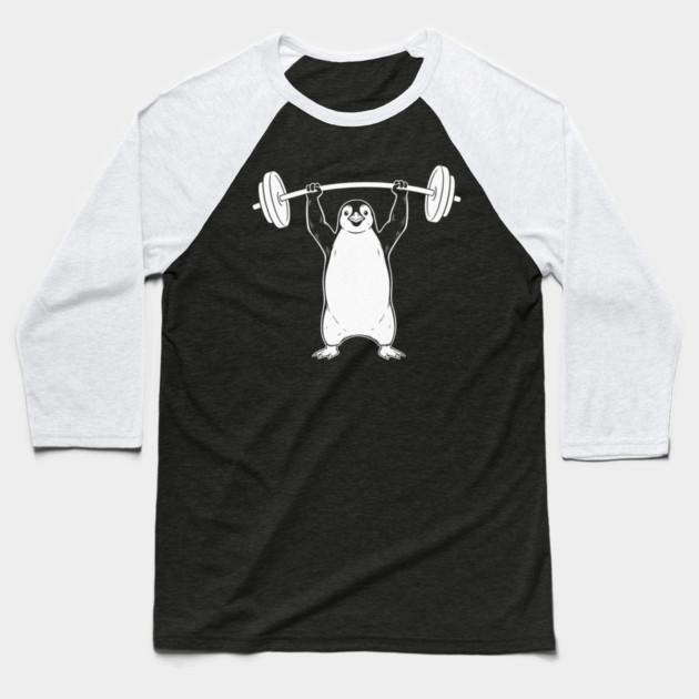 Penguin Lifting Weights Gym Fitness Funny Baseball T-Shirt by ArtistTee ⭐⭐⭐⭐⭐
