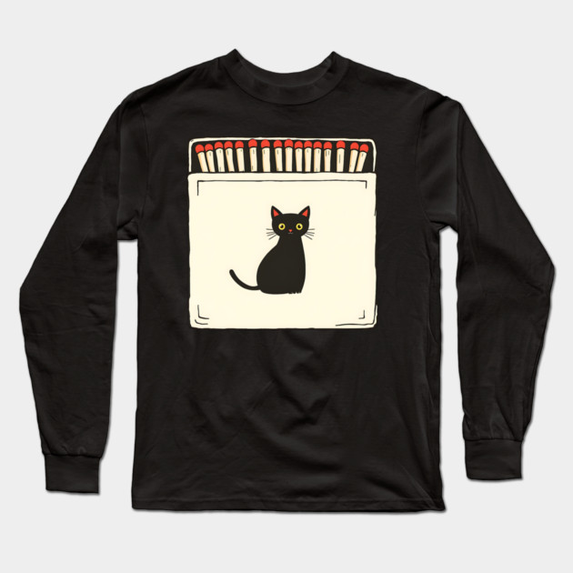 Vintage Matchbook Aesthetic, Retro Cat Illustration Long Sleeve T-Shirt by Pixel Threads 