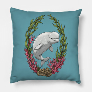 Beluga Whale Kelp And Coral Vintage Art Pillow