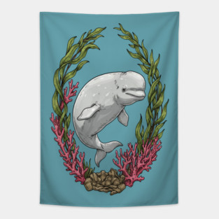 Beluga Whale Kelp And Coral Vintage Art Tapestry