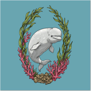 Beluga Whale Kelp And Coral Vintage Art Posters and Art