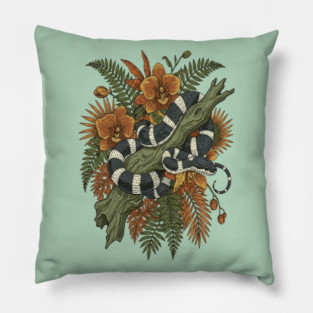Banded Krait Tropical Orchids Vintage Art Pillow