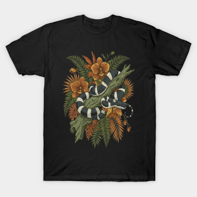 Banded Krait Tropical Orchids Vintage Art T-Shirt by BirdsnStuff