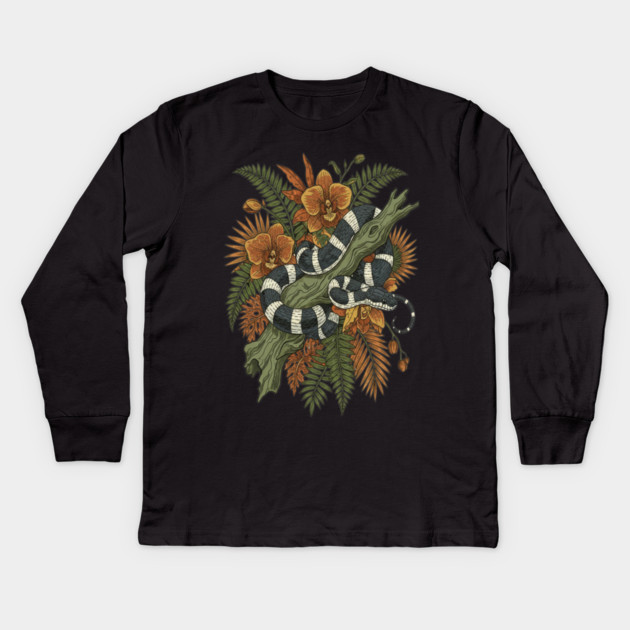 Banded Krait Tropical Orchids Vintage Art Kids Long Sleeve T-Shirt by BirdsnStuff