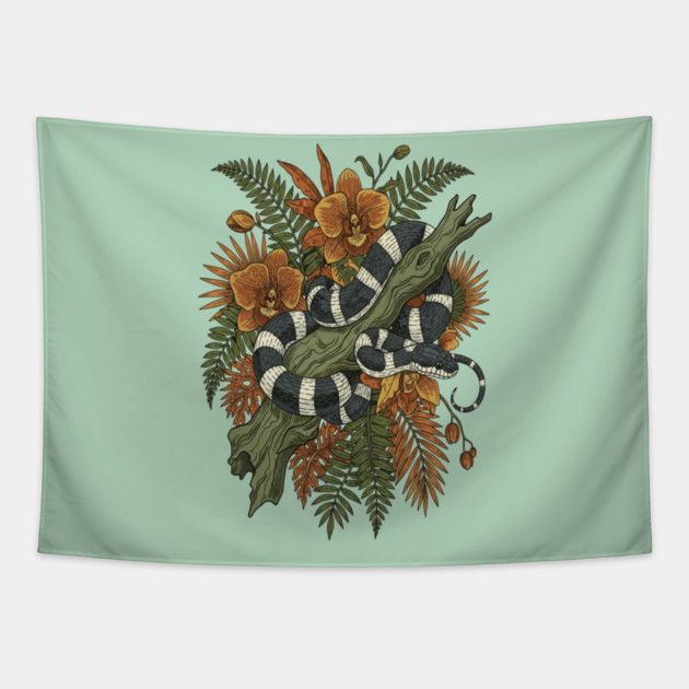 Banded Krait Tropical Orchids Vintage Art Tapestry by BirdsnStuff