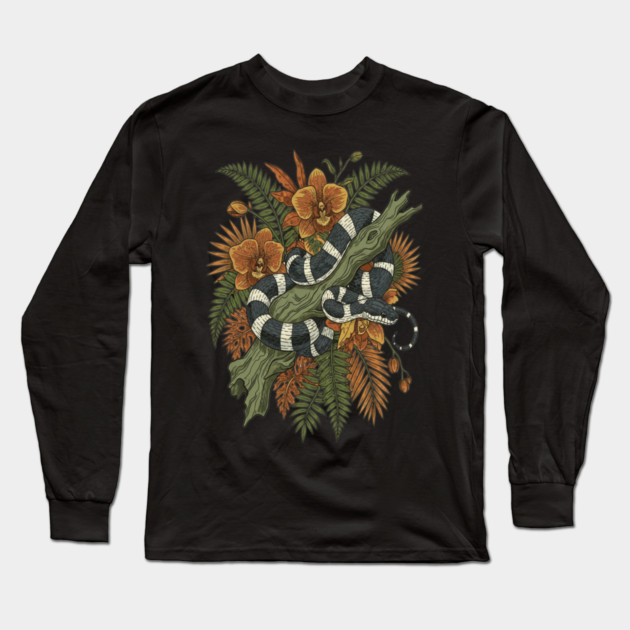 Banded Krait Tropical Orchids Vintage Art Long Sleeve T-Shirt by BirdsnStuff