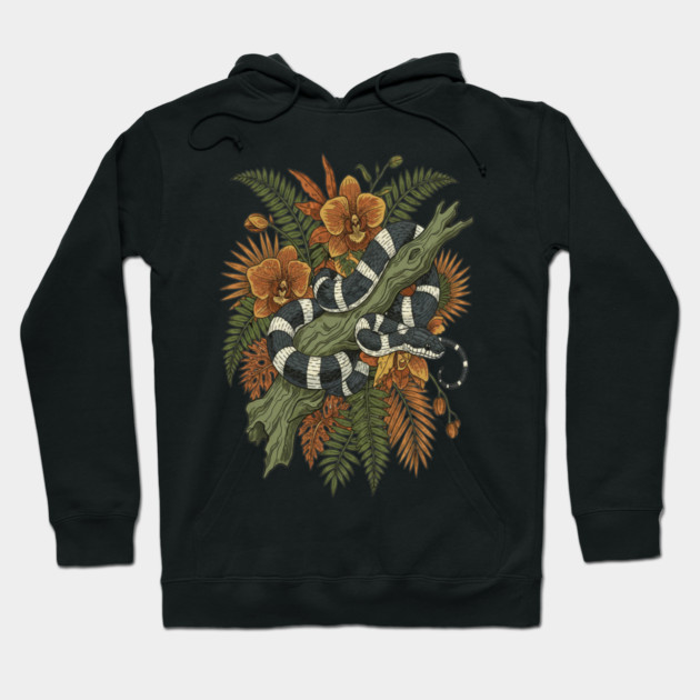 Banded Krait Tropical Orchids Vintage Art Hoodie by BirdsnStuff
