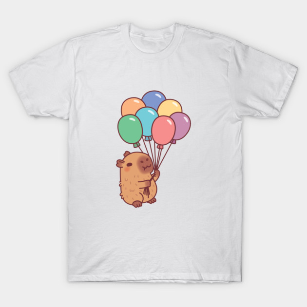 Cute Capybara Holding Colorful Balloons T-Shirt by rustydoodle