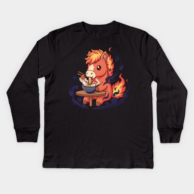 Horse Eating Ramen Kids Long Sleeve T-Shirt by CreativeSage