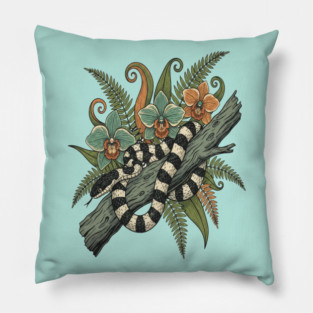 Banded Krait Orchids Fiddlehead Ferns Vintage Art Pillow