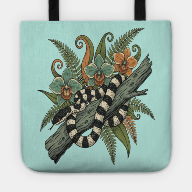 Banded Krait Orchids Fiddlehead Ferns Vintage Art Tote by BirdsnStuff