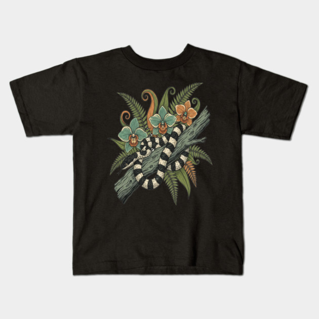 Banded Krait Orchids Fiddlehead Ferns Vintage Art Kids T-Shirt by BirdsnStuff