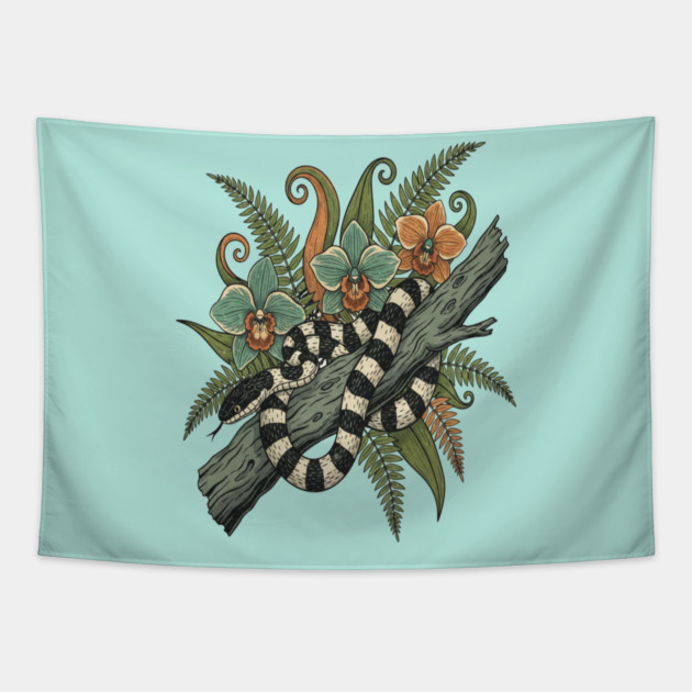 Banded Krait Orchids Fiddlehead Ferns Vintage Art Tapestry by BirdsnStuff