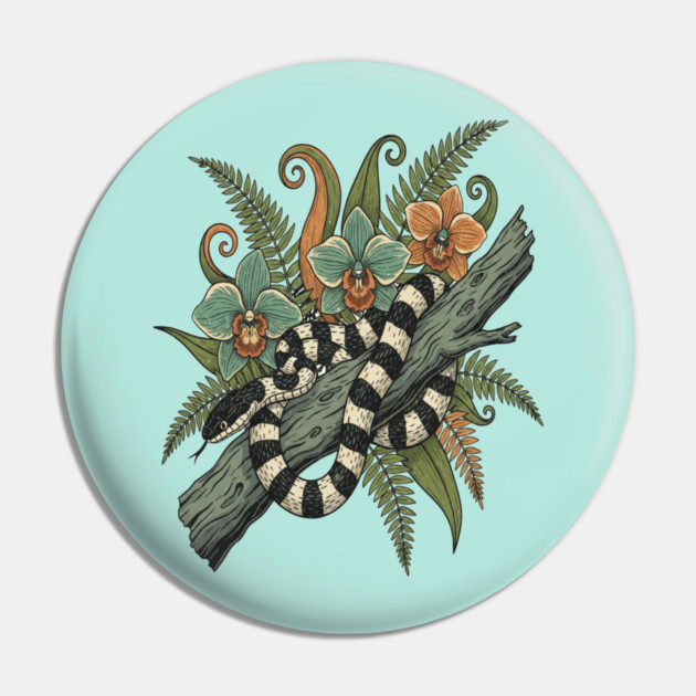 Banded Krait Orchids Fiddlehead Ferns Vintage Art Pin by BirdsnStuff