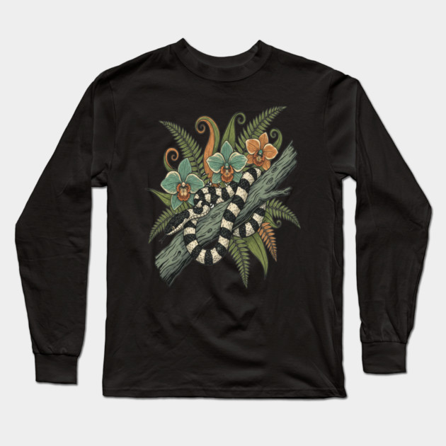 Banded Krait Orchids Fiddlehead Ferns Vintage Art Long Sleeve T-Shirt by BirdsnStuff