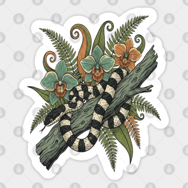 Banded Krait Orchids Fiddlehead Ferns Vintage Art Sticker by BirdsnStuff