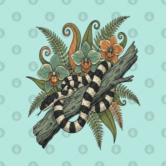 Banded Krait Orchids Fiddlehead Ferns Vintage Art by BirdsnStuff