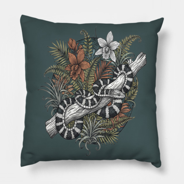 Malayan Krait Snake Vintage Illustration Pillow by BirdsnStuff