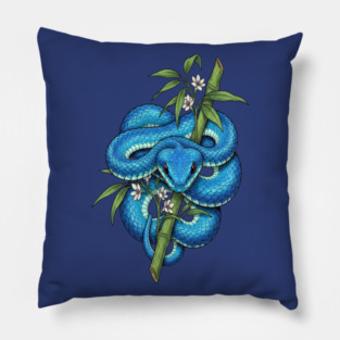 Blue Pit Viper Bamboo Vintage Illustration Pillow