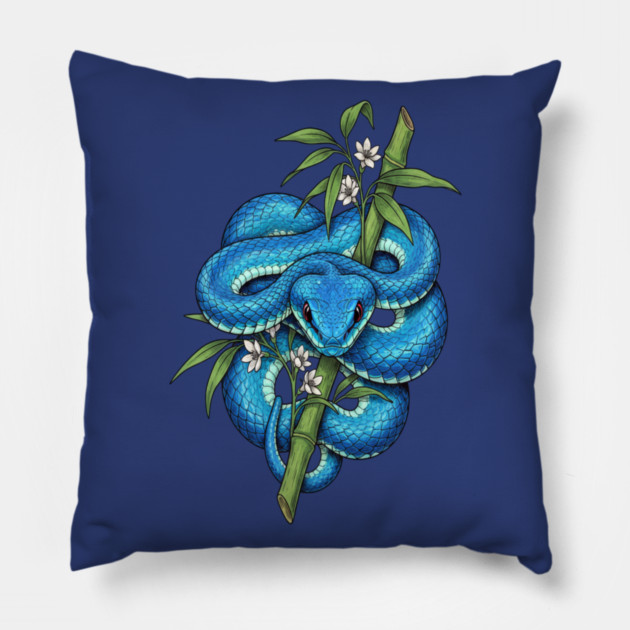 Blue Pit Viper Bamboo Vintage Illustration Pillow by BirdsnStuff