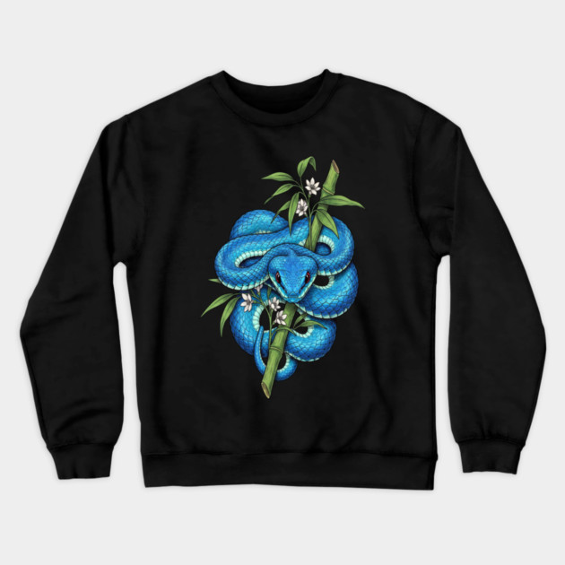 Blue Pit Viper Bamboo Vintage Illustration Crewneck Sweatshirt by BirdsnStuff