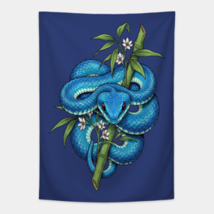 Blue Pit Viper Bamboo Vintage Illustration Tapestry