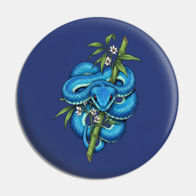Blue Pit Viper Bamboo Vintage Illustration Pin by BirdsnStuff