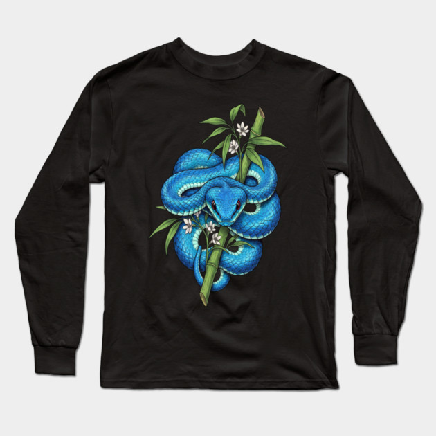 Blue Pit Viper Bamboo Vintage Illustration Long Sleeve T-Shirt by BirdsnStuff