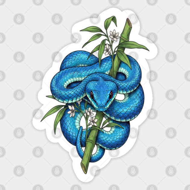 Blue Pit Viper Bamboo Vintage Illustration Sticker by BirdsnStuff
