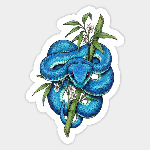Blue Pit Viper Bamboo Vintage Illustration Magnet by BirdsnStuff