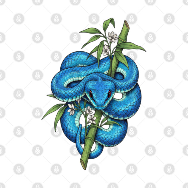 Blue Pit Viper Bamboo Vintage Illustration by BirdsnStuff