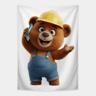 Construction Bear Talking On Smartphone Call Tapestry