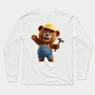 Construction Bear Waving With Hammer Cute Builder Long Sleeve T-Shirt