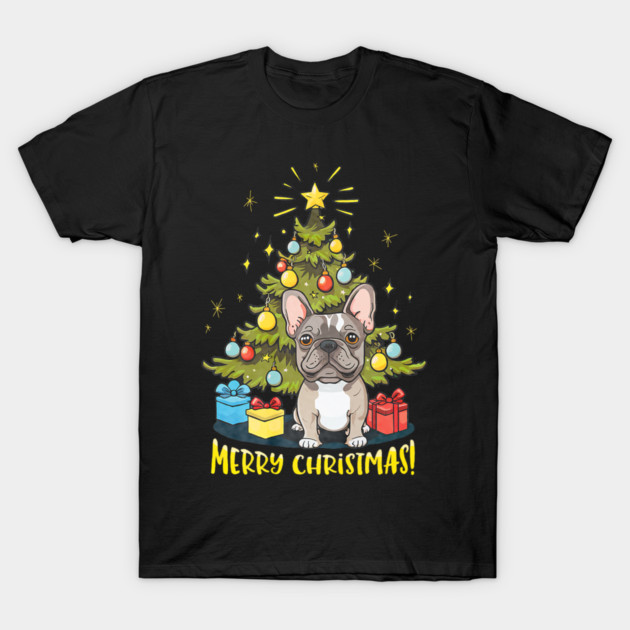 Funny French Bulldog With Christmas Tree T-Shirt by yangho
