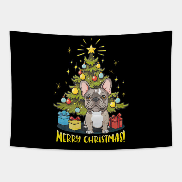 Funny French Bulldog With Christmas Tree Tapestry by yangho