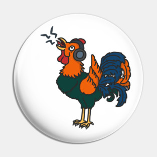 No Earplugs Needed – Rooster Trivia Cartoon Pin