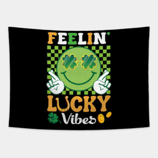 Feelin Lucky Vibes St Patricks Day Smile Face Shamrock Glass Tapestry