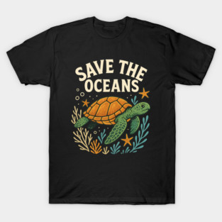 Save the Oceans Sea Turtle Conservation Coral Star Fish Environmental Awareness T-Shirt